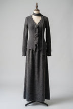 Dark Grey Ribbed Knit Two-Piece Set with Rose Buttons and Choker Flowering Girl