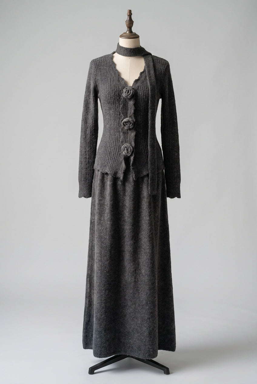 Dark Grey Ribbed Knit Two-Piece Set with Rose Buttons and Choker Flowering Girl