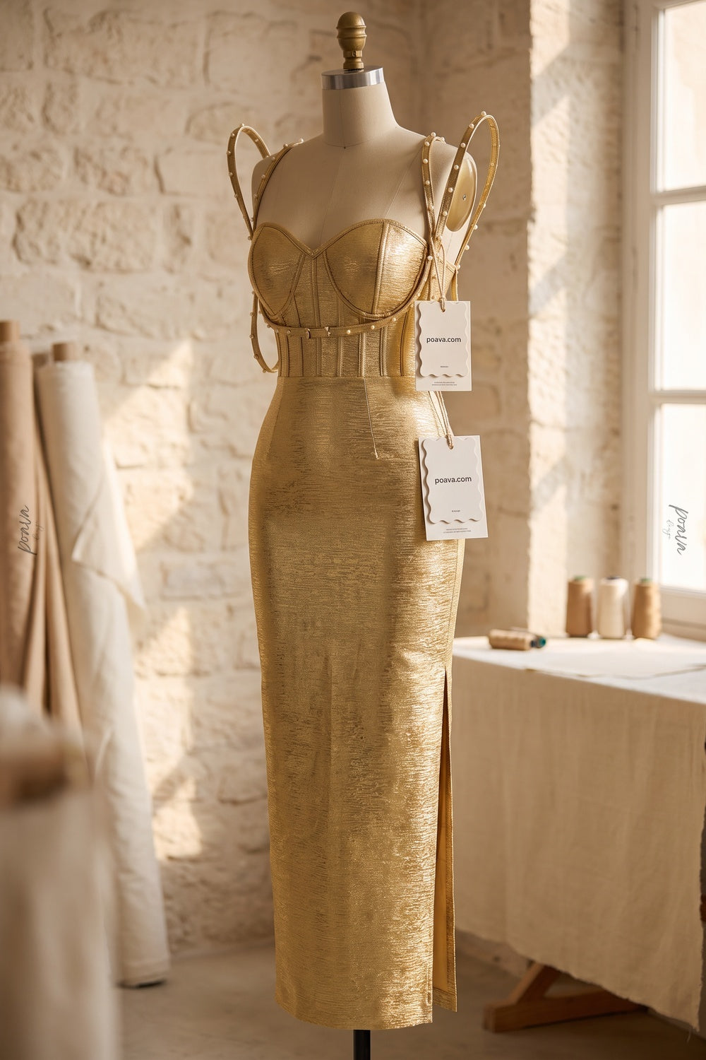 Gold Metallic Foil-Coated Column Maxi Dress with Sculptural Loop Straps Flowering Girl