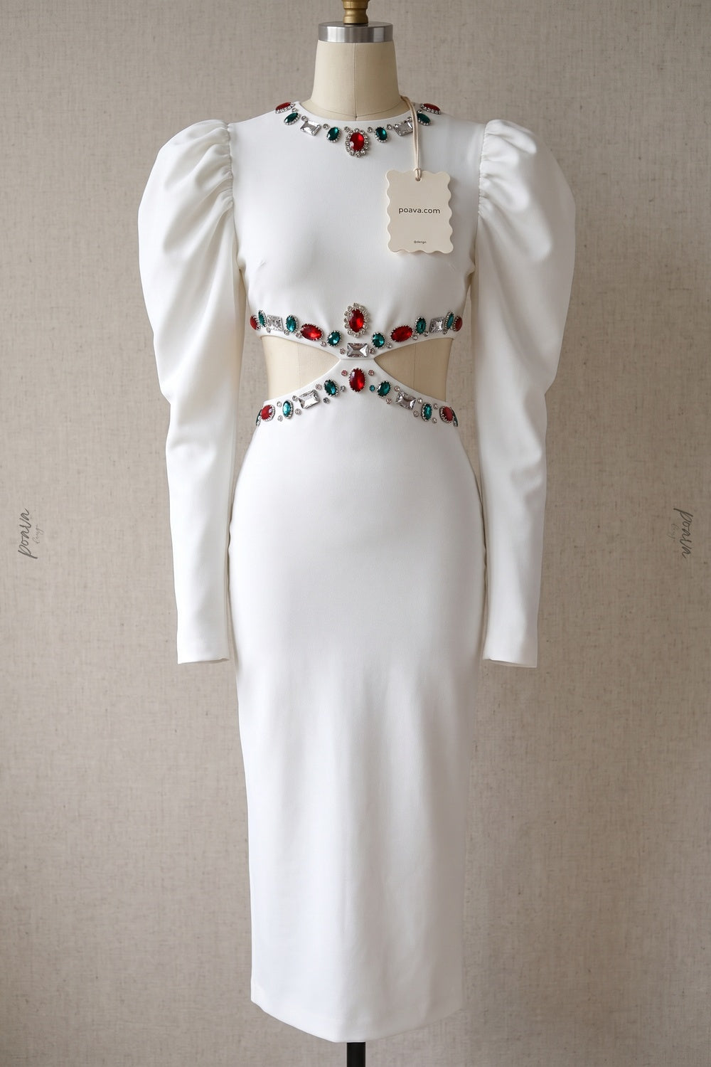 White Heavy Crepe Column Maxi Dress with Puff Shoulders and Crystal Cutouts Flowering Girl