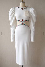 White Heavy Crepe Column Maxi Dress with Puff Shoulders and Crystal Cutouts Flowering Girl