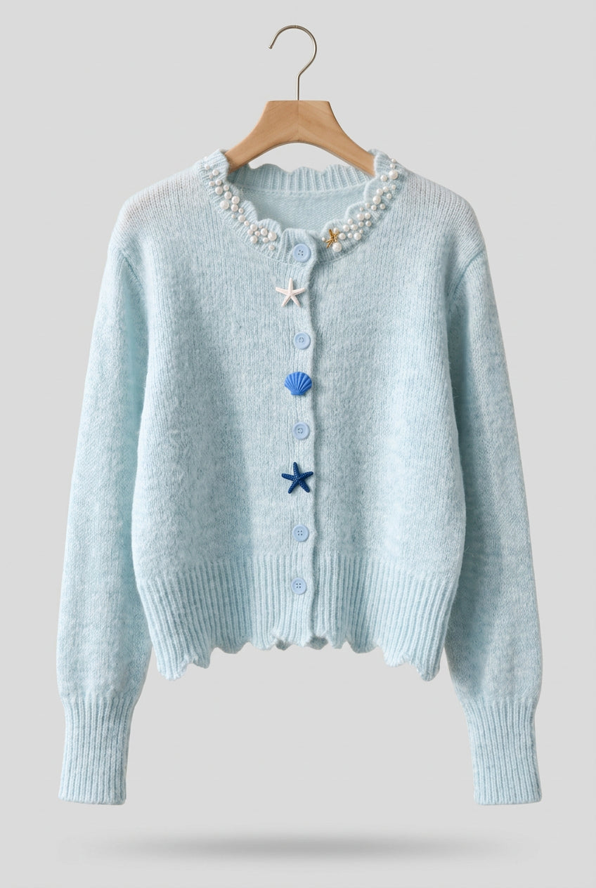 Light Blue Fuzzy Mohair-Blend Cropped Cardigan Flowering Girl