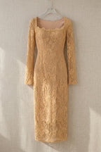 Camel Floral Lace Midi Dress, Square Neck Long Sleeve Bodycon Formal Dress Flowering Girl