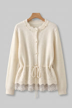 Cream Fuzzy Knit Wool Blend Peplum Cardigan with Lace Hem Flowering Girl