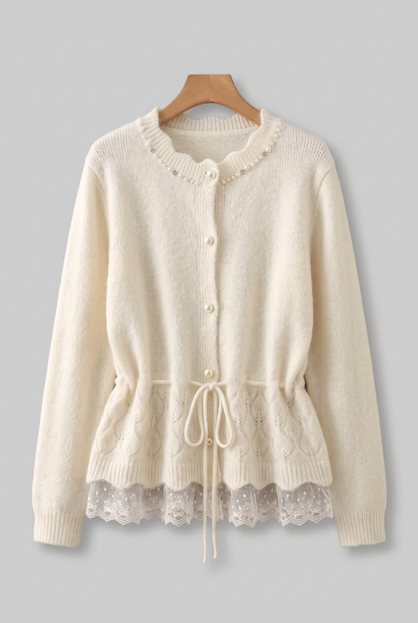 Cream Fuzzy Knit Wool Blend Peplum Cardigan with Lace Hem Flowering Girl