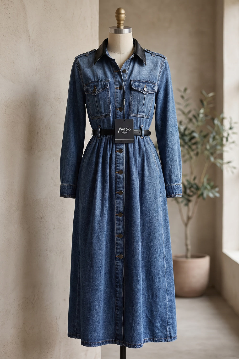 Medium Blue Denim A-Line Shirt Dress with Contrast Collar Flowering Girl