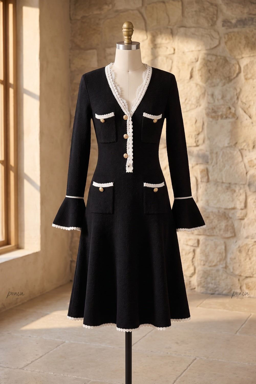 Black Heavy Compact Knit Fit-and-Flare Dress with White Scalloped Trim Flowering Girl