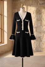 Black Heavy Compact Knit Fit-and-Flare Dress with White Scalloped Trim Flowering Girl