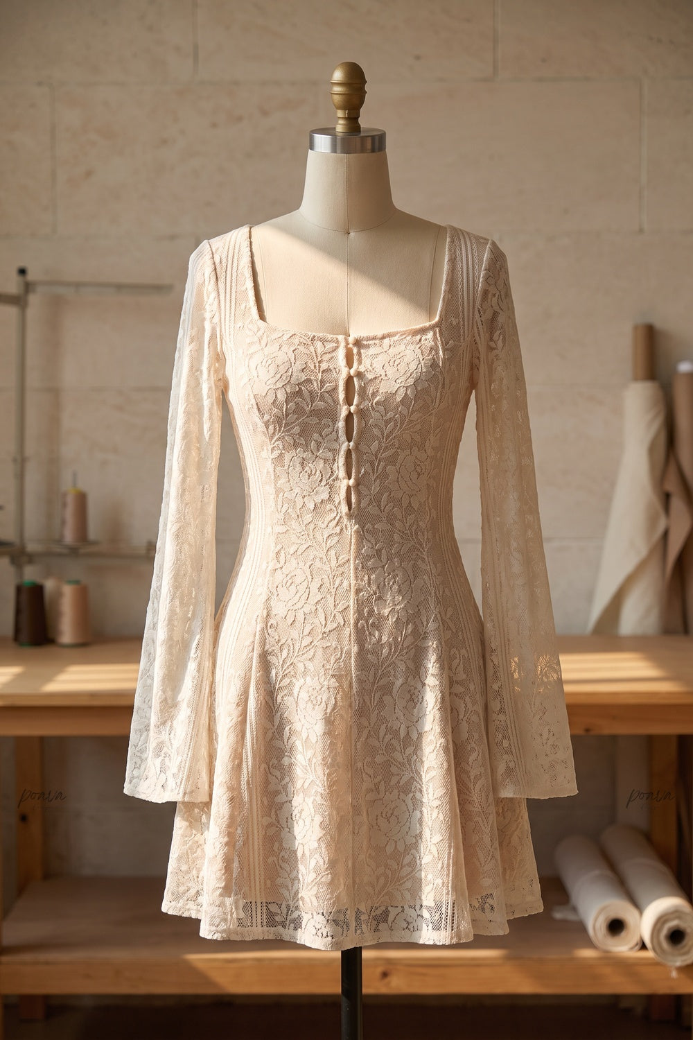 Cream Floral Lace Overlay Fit-and-Flare Dress Flowering Girl