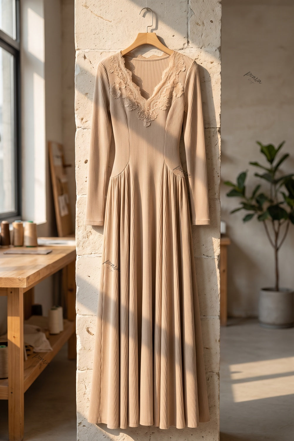 Beige Ribbed Knit A-Line Maxi Dress with Lace Applique Flowering Girl