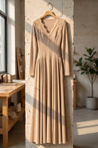 Beige Ribbed Knit A-Line Maxi Dress with Lace Applique Flowering Girl