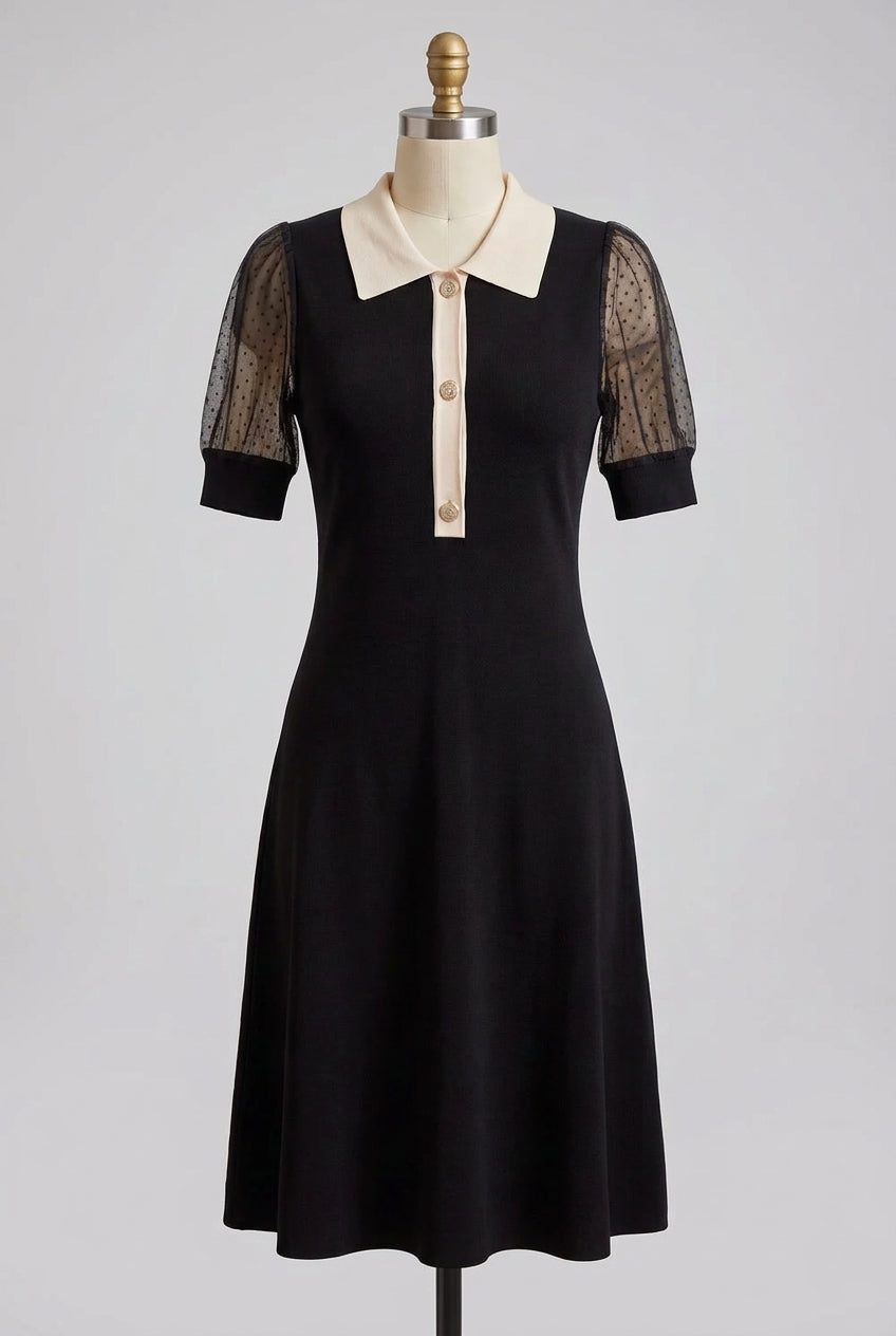Black Fine Knit A-Line Dress with Contrast Collar Flowering Girl