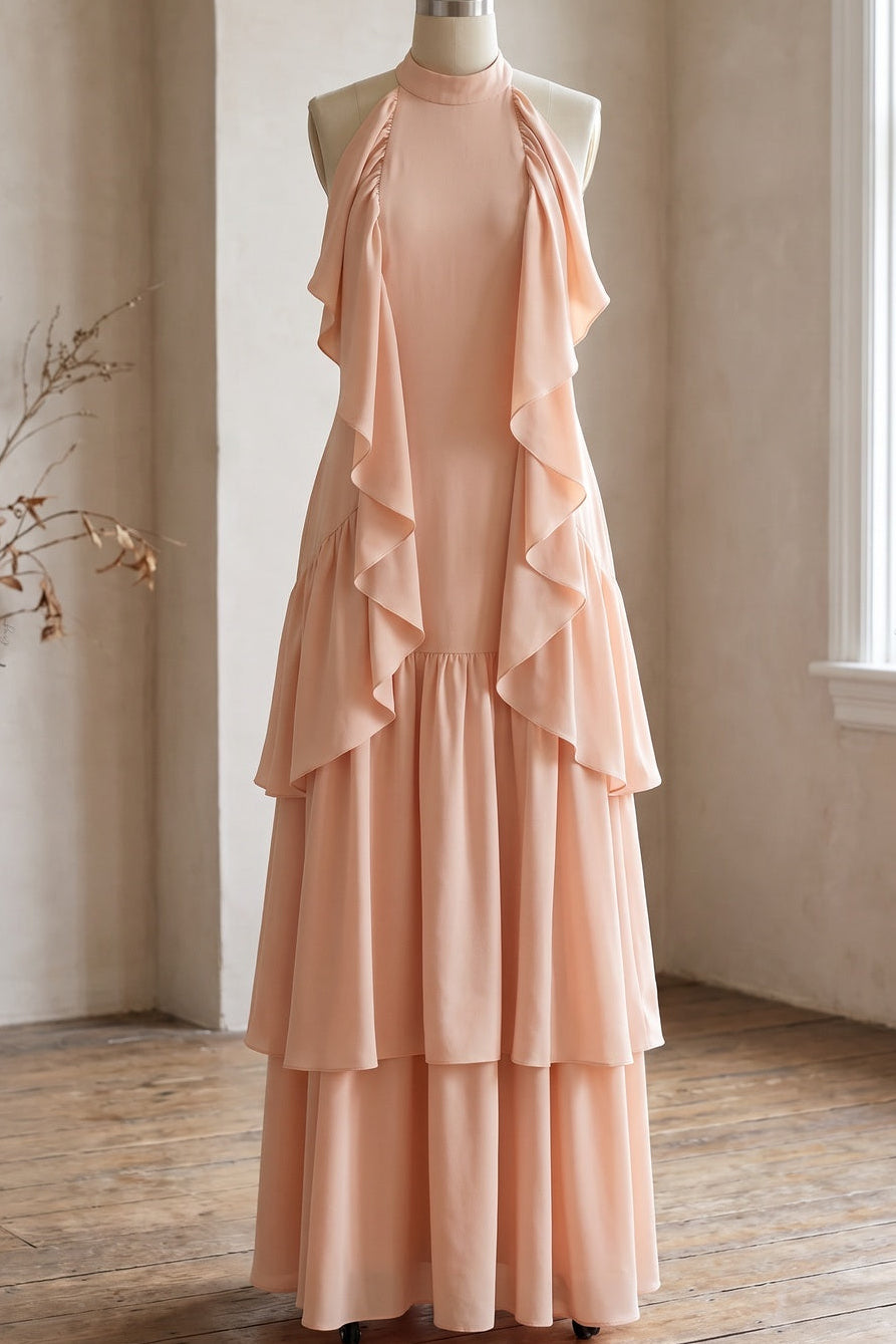 Pale Peach Lightweight Crepe A-Line Tiered Dress Flowering Girl