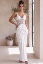 White Crepe Maxi Dress with Corset Lace Bodice and Draped Skirt Flowering Girl