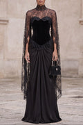 Black Velvet Corset Evening Gown with Lace Cape Sleeves and Satin Skirt Flowering Girl