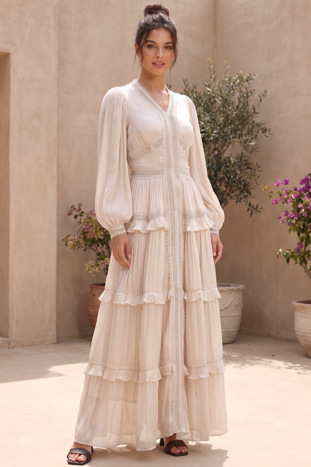 Cream Crinkled Satin Tiered A-Line Maxi Dress Flowering Girl