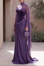 Deep Purple Velvet Corset Evening Gown with Lace Cape Sleeves Flowering Girl