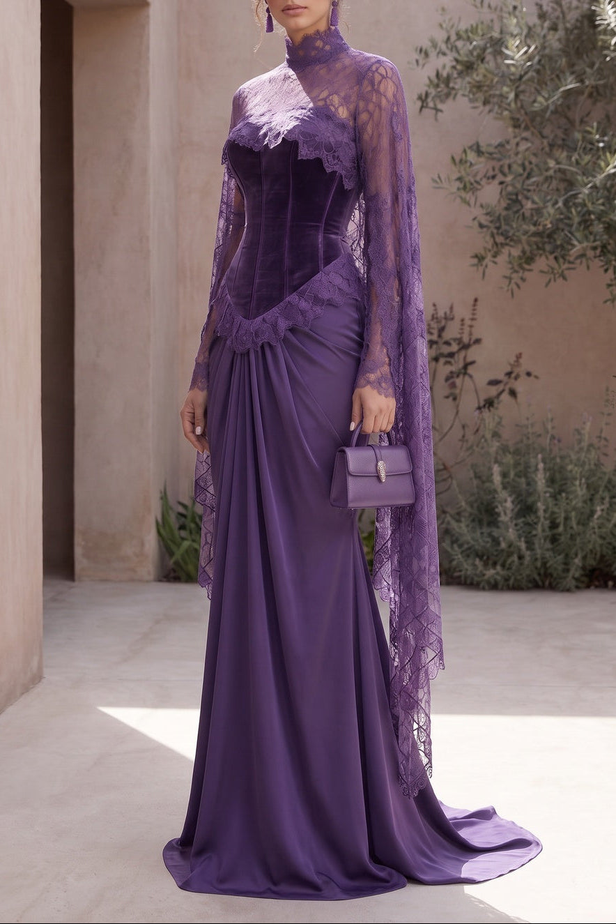 Deep Purple Velvet Corset Evening Gown with Lace Cape Sleeves Flowering Girl