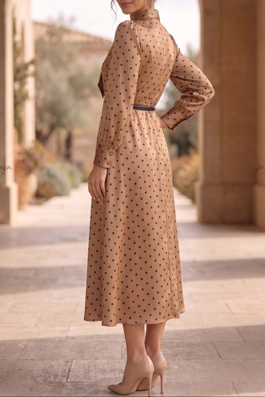 Bronze-gold Satin Polka Dot A-line Midi Dress Flowering Girl
