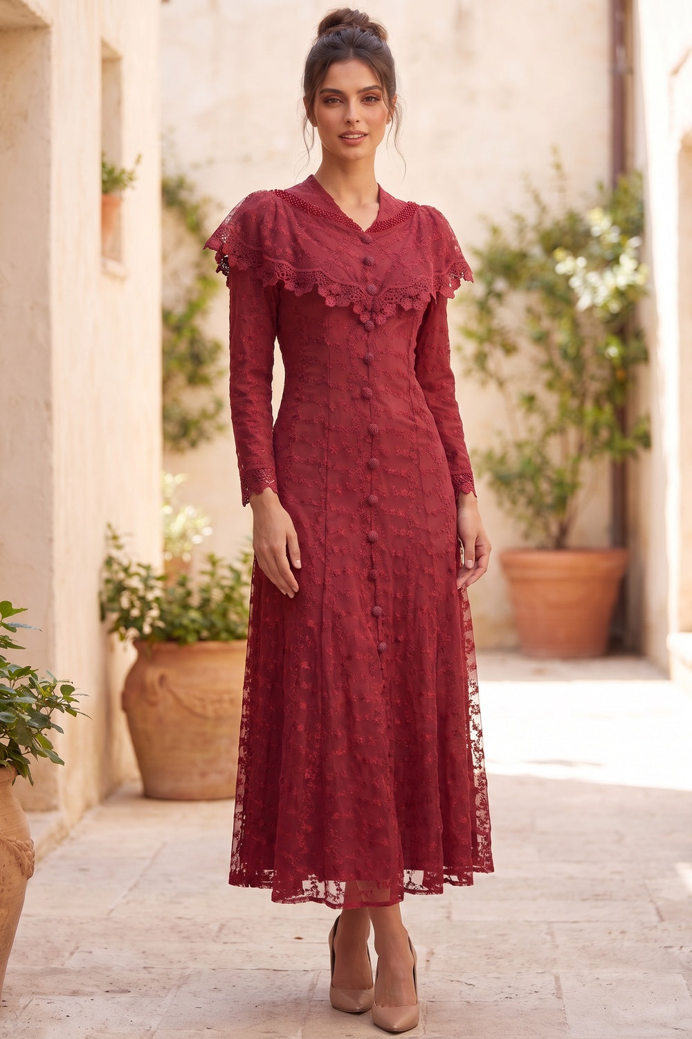 Deep Red Embroidered Floral Lace A-Line Midi Dress Flowering Girl