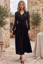 Black Velvet A-Line Midi Dress with Floral Lace and Sequin Waist Flowering Girl