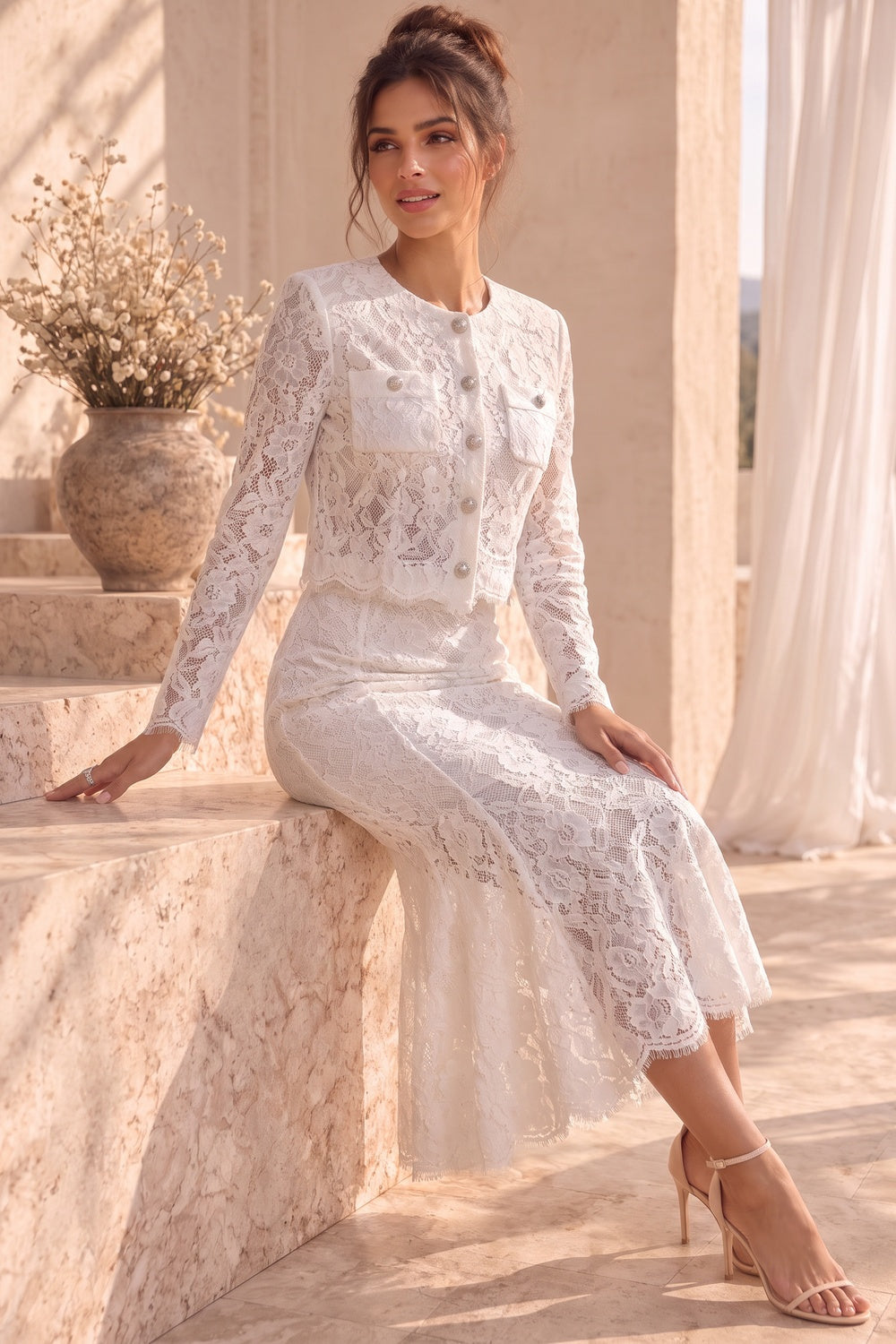 White Floral Corded Lace Two-Piece Skirt Suit Flowering Girl