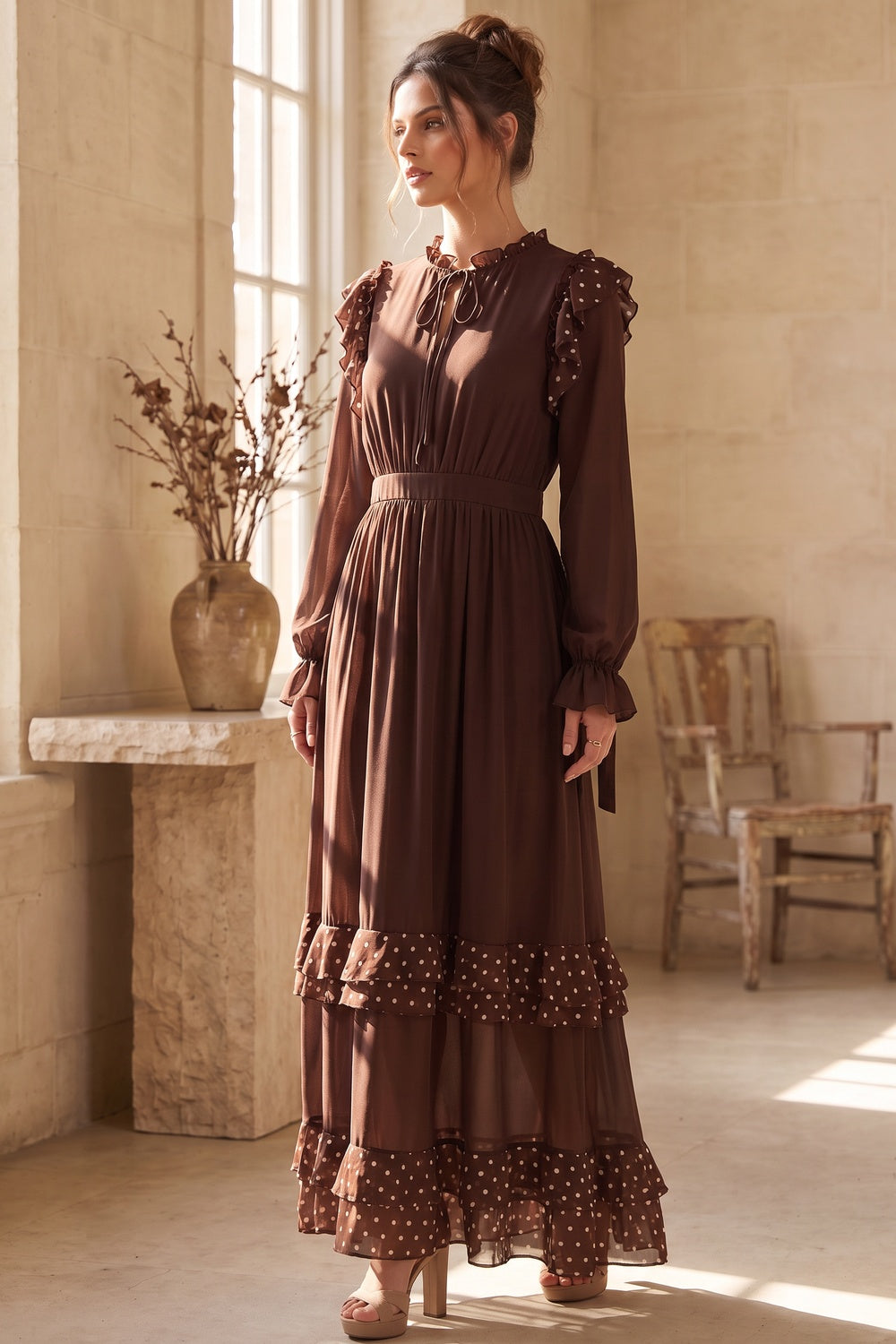 Dark Brown Chiffon A-Line Tiered Maxi Dress Flowering Girl