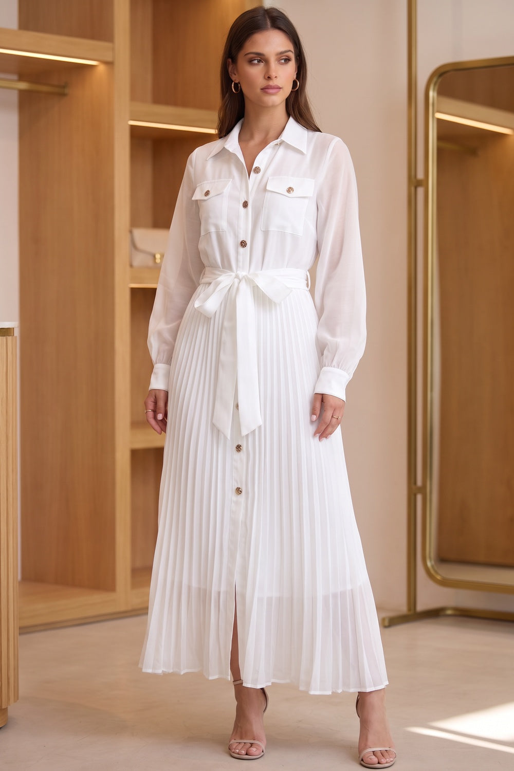 White Semi-Sheer Chiffon Pleated Shirt Dress Flowering Girl