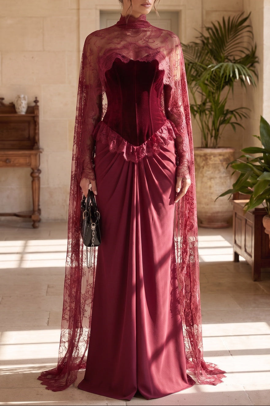 Burgundy Velvet Corset Evening Gown with Lace Cape Overlay Flowering Girl