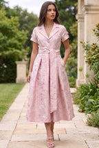 Pale Pink Floral Jacquard Fit-and-Flare Midi Dress with Metallic Sheen Flowering Girl