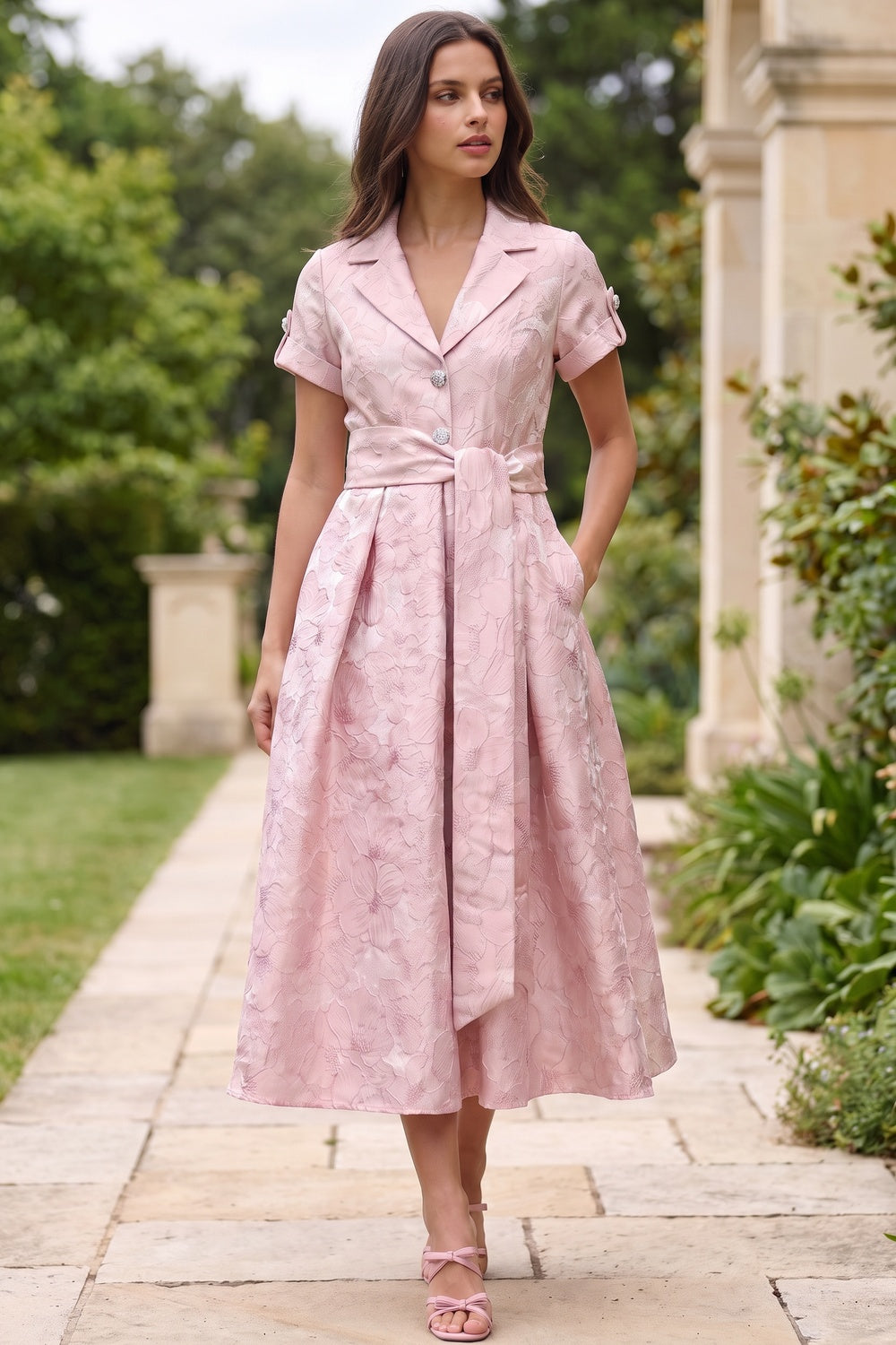 Pale Pink Floral Jacquard Fit-and-Flare Midi Dress with Metallic Sheen Flowering Girl