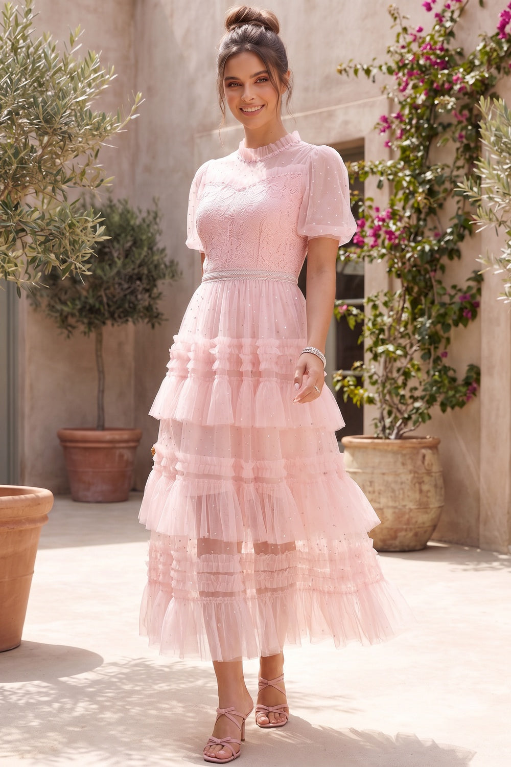 Light Pink Tulle A-Line Tiered Midi Dress Flowering Girl
