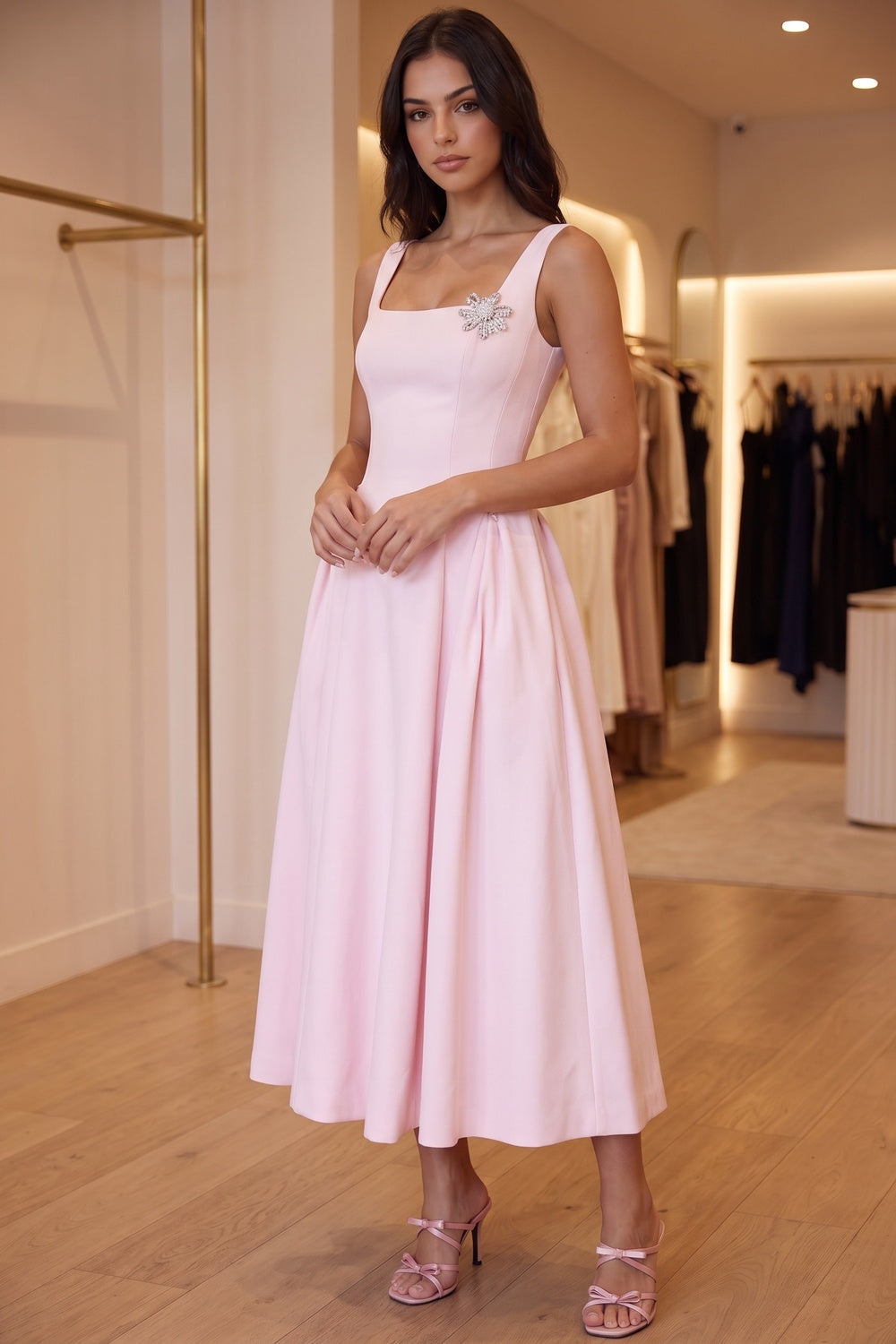 Light Pink Structured Satin Fit-and-Flare Midi Dress Flowering Girl