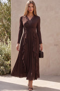 Dark Brown A-Line Maxi Dress with Lace Trim V-Neck and Cascading Ruffles Flowering Girl