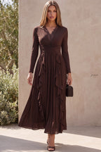 Dark Brown A-Line Maxi Dress with Lace Trim V-Neck and Cascading Ruffles Flowering Girl