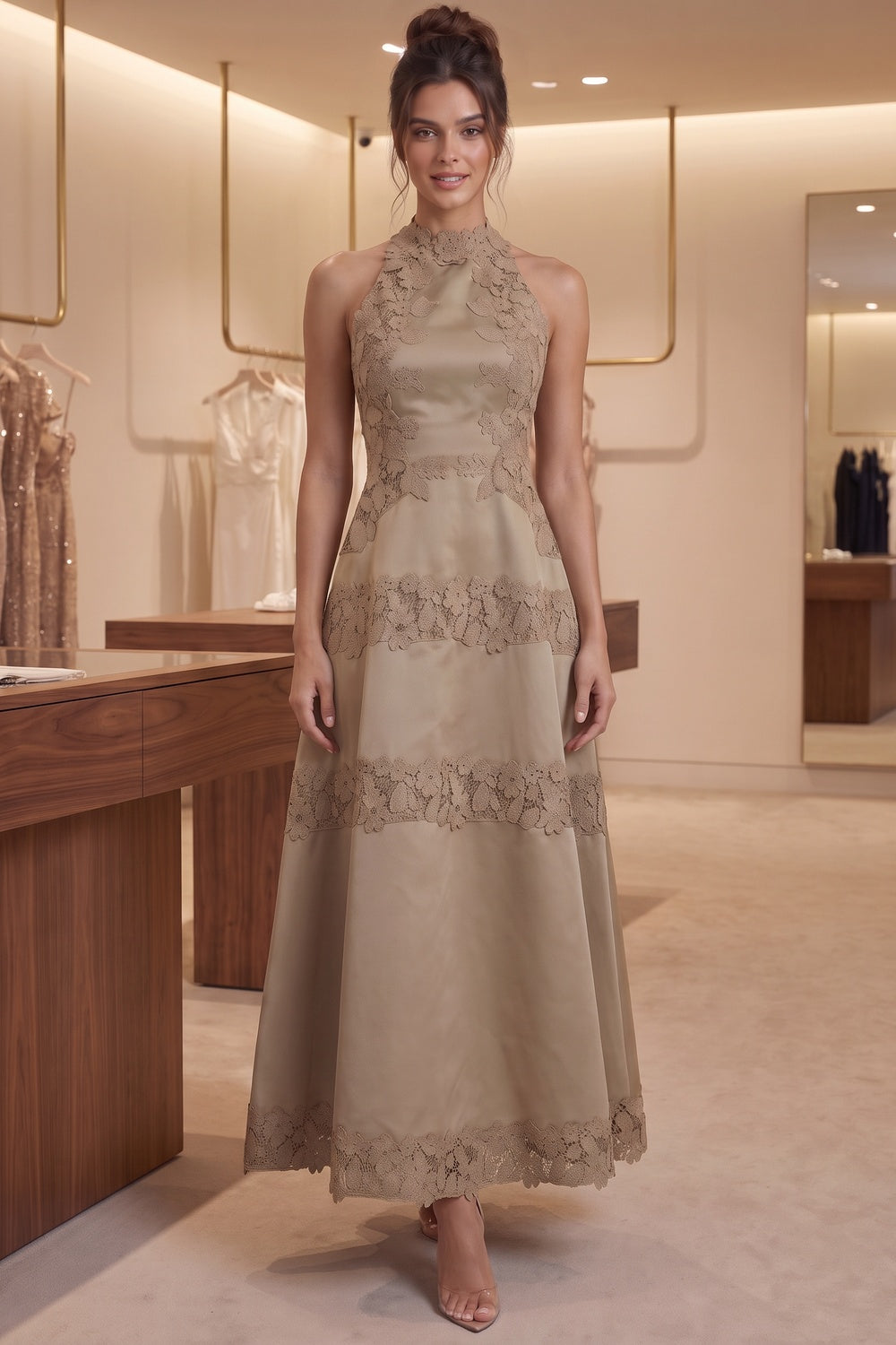 Taupe Structured Satin A-Line Midi Dress with Lace Band Detail Flowering Girl