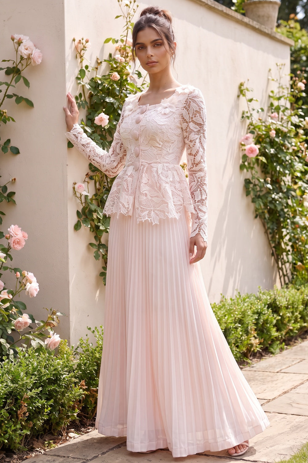 Pale Blush Pink Lace Fitted Peplum Top with A-Line Maxi Skirt Two-Piece Set Flowering Girl