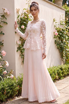 Pale Blush Pink Lace Fitted Peplum Top with A-Line Maxi Skirt Two-Piece Set Flowering Girl