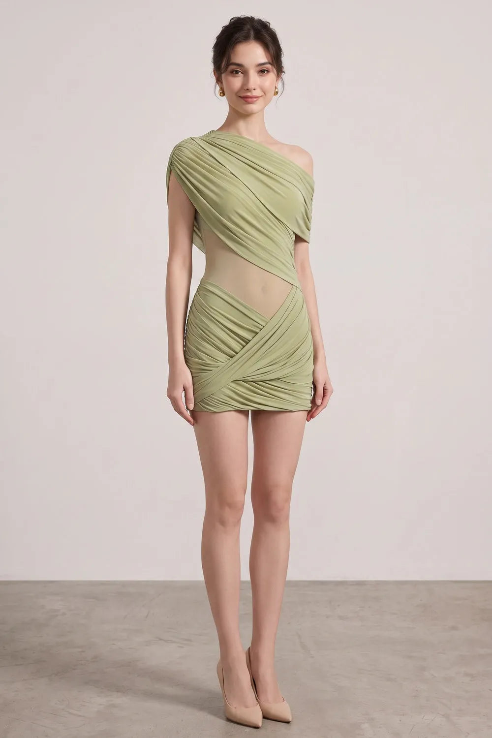 Sage Green Asymmetrical Draped Mini Dress Flowering Girl