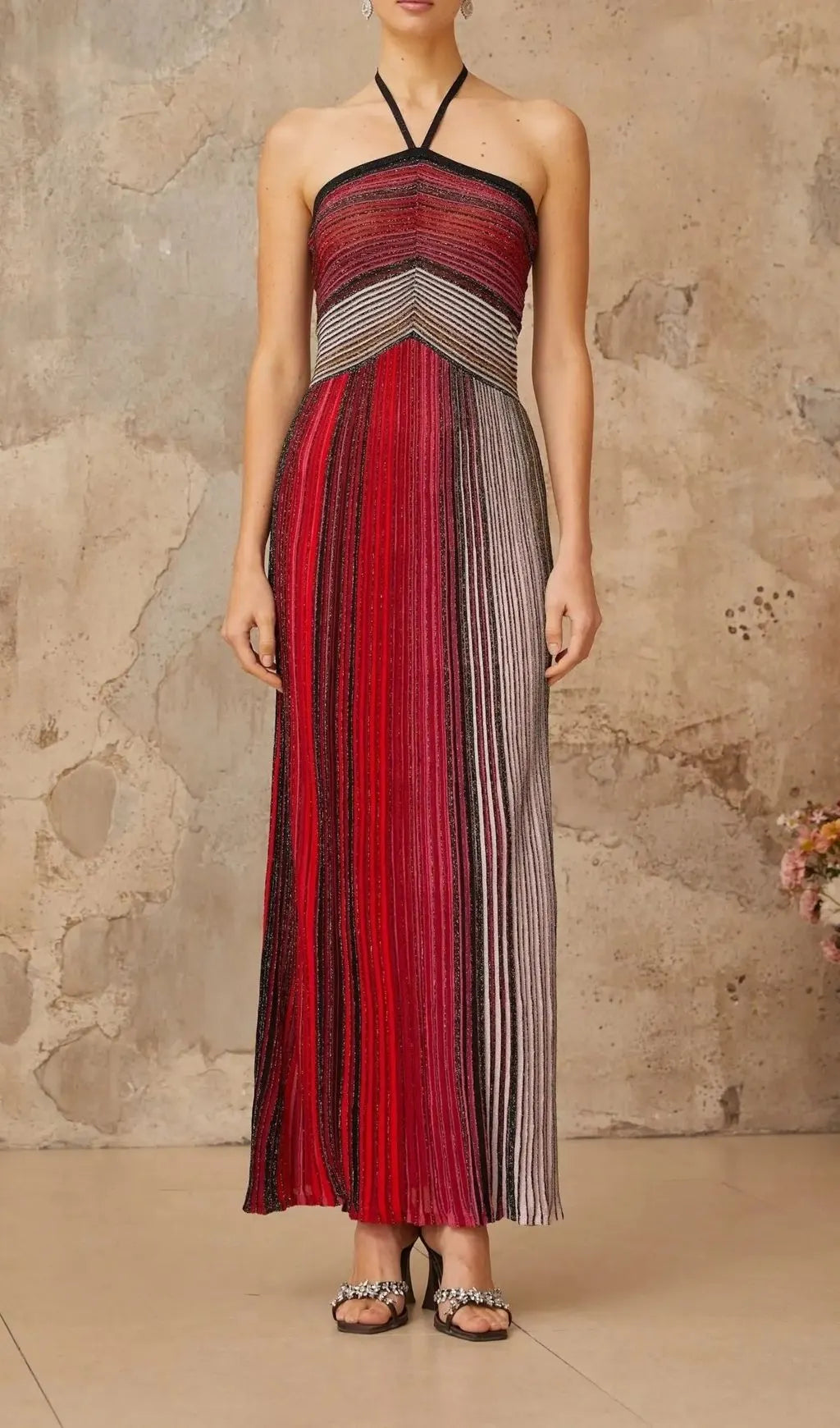 Ulysse Red Metallic Knit Halterneck Maxi Dress Flowering Girl