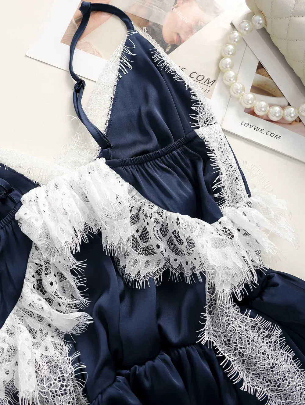 Navy Spaghetti Strap V-Neck Tiered Lace Fringe Maxi Dress Flowering Girl