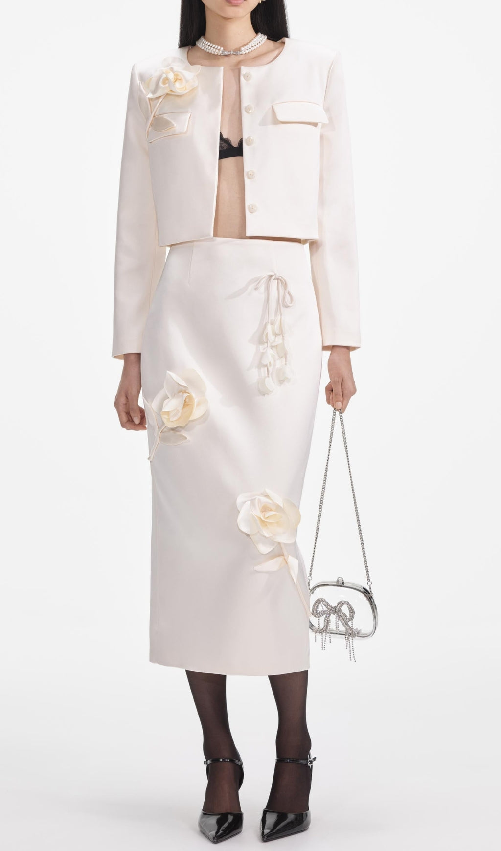 Cream 3D Flower Satin Midi Skirt Flowering Girl