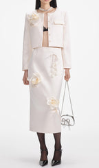 Cream 3D Flower Satin Midi Skirt Flowering Girl