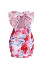 Strapless Large Bow Decorated Printed Hip Mini Dress Flowering Girl