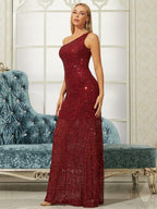 One Shoulder Sequins Maxi Prom Dress Flowering Girl
