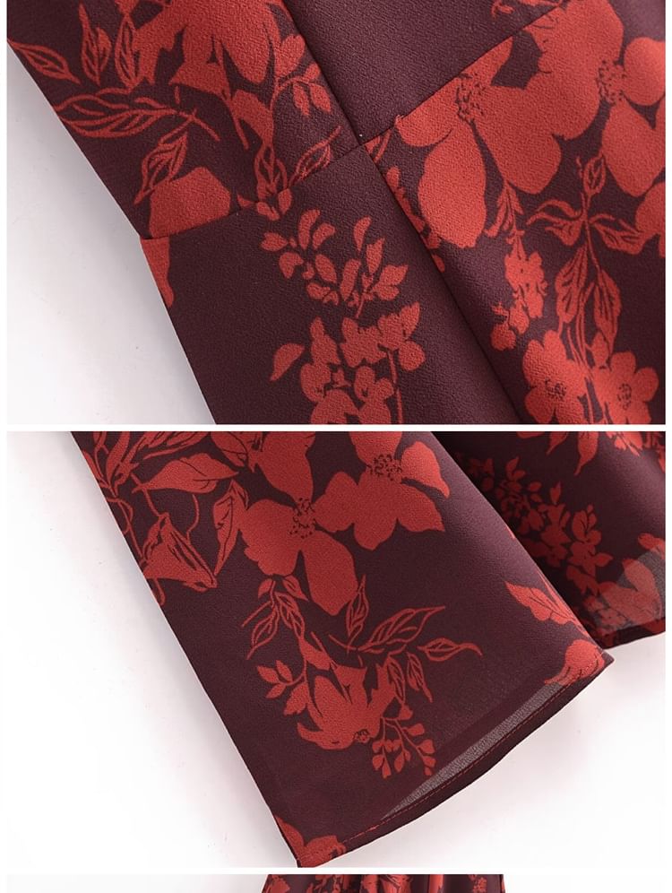 Floral Print Bowknot Strap Midi Dress In Burgundy Flowering Girl