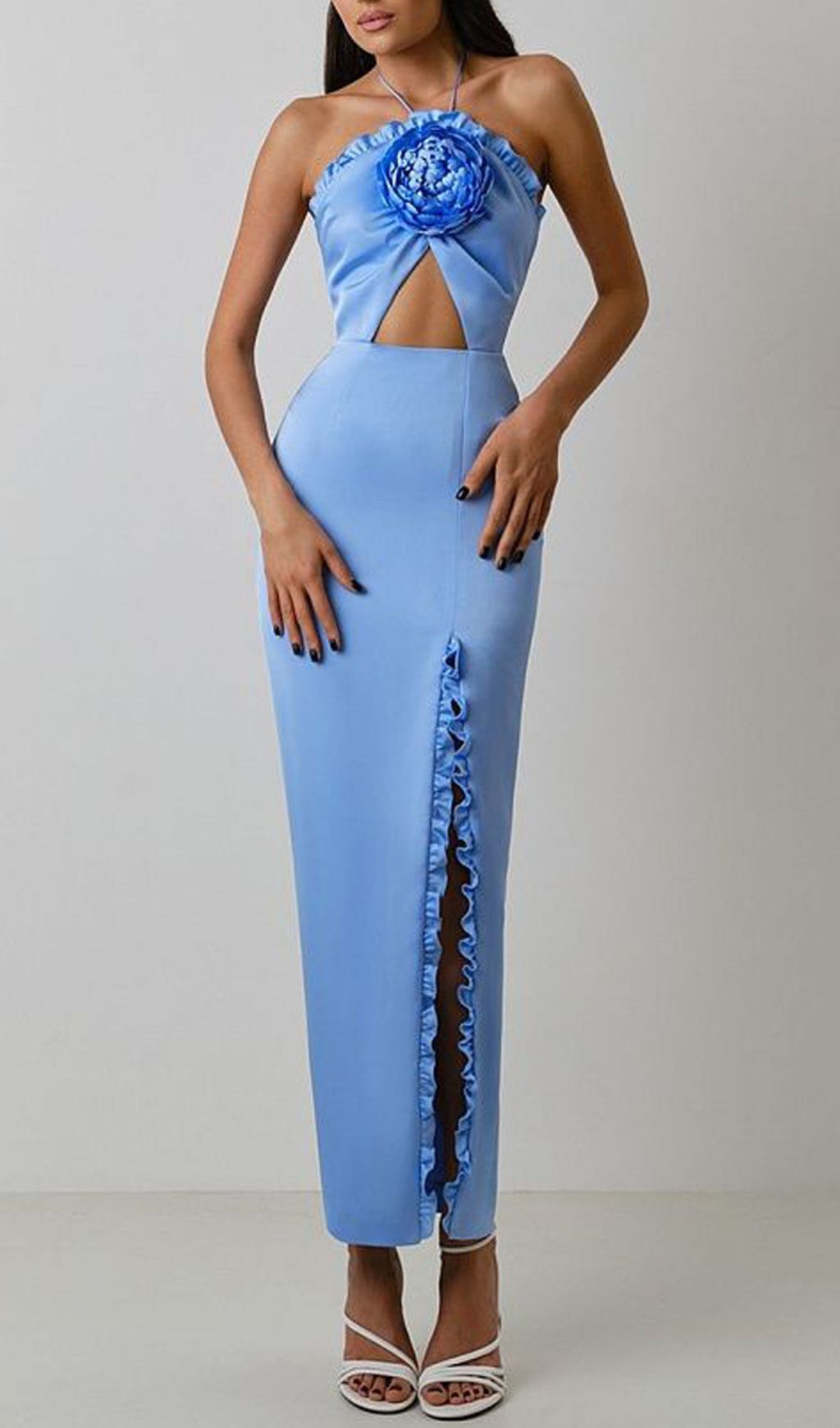 Floral Embellished Slit Midi Dress In Blue Flowering Girl