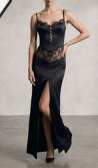 Satin Lace-Trimmed Slit Slip Maxi Dress In Black Flowering Girl