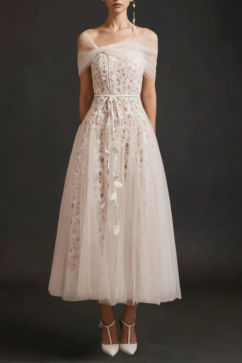 Miua Gored Gathered Lace Midi Dress In White Flowering Girl