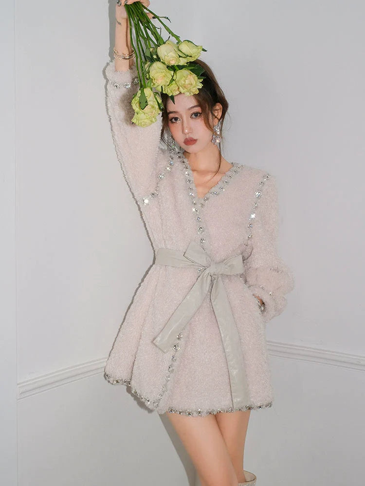 Beige V-Neck Long Sleeve Diamond Stud Coat Flowering Girl